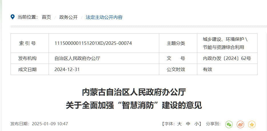 內(nèi)蒙古自治區(qū)人民政府辦公廳 關于全面加強“智慧消防”建設的意見  內(nèi)政辦發(fā)〔2024〕62號
